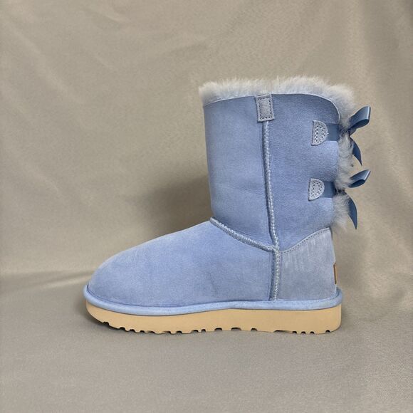 Womens Ugg Boots Bailey Bow Whisper Blue Suede Sheepskin Coquette Very RARE Sz 6 - Picture 12 of 16